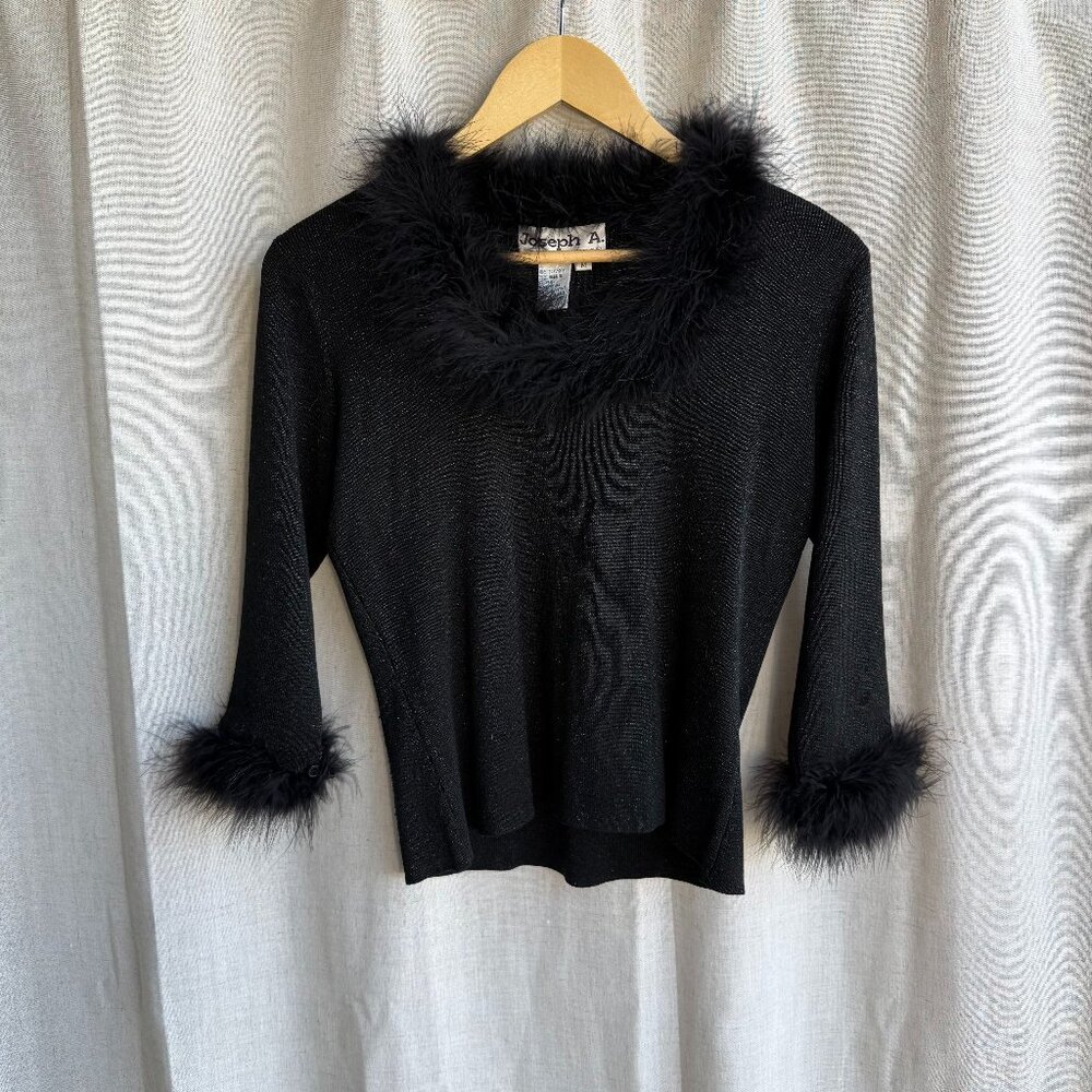 Joseph A Silk Metallic Knit Top Marabou Feather Trim Size M